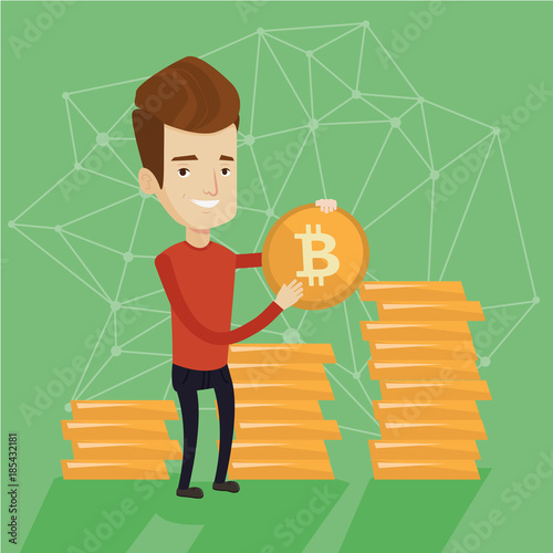 Young caucasian white successful businessman holding a bitcoin coin on the background of stacks of tokens. Blockchain network technology, ICO and cryptocurrency concept. Vector cartoon illustration.