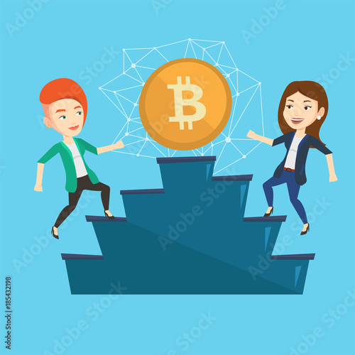 Two young caucasian white women running up the pedestal and competing for the investment into ICO projects. Concept of investment, startup, ICO initial coin offering. Vector cartoon illustration.