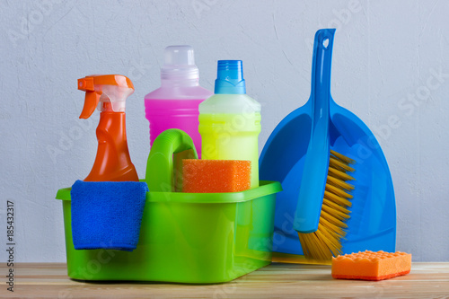 Colorful Cleaning concept with supplies.