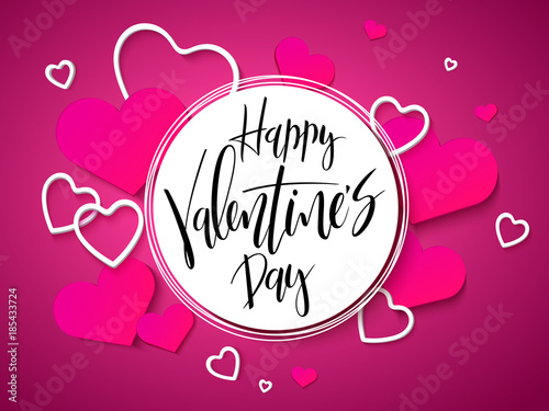 Vector illustration of valentine's day greetings card with hand lettering label - happy valentine's day - with a lot of heart shapes