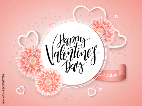 Vector illustration of valentine's day greetings card with hand lettering label - happy valentine's day - with a lot of heart shapes and chrysanthemum flowers