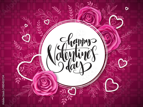 vector valentine's day grettings lettering with doodle branches, hearts, and roses on the checkered background. Design for greeting card or poster photo