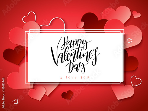 Vector illustration of valentine's day greetings card with hand lettering label - happy valentine's day - with a lot of heart shapes on cherry tomato background