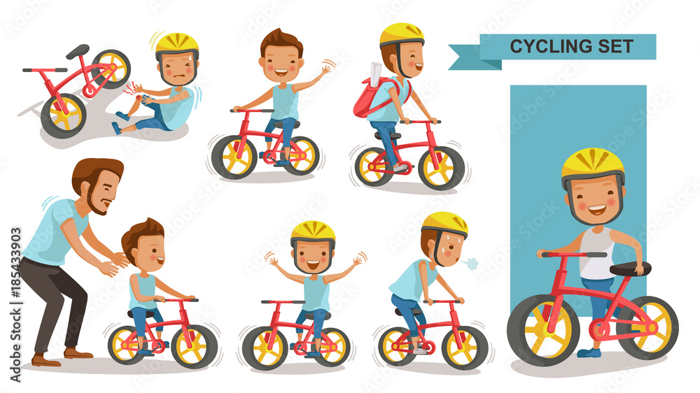 Obraz premium Cycling boy set. Father teaching son. child riding urban bicycle in helmet. Bike First and Injured leg injury. male road cyclist. Playing the playground. exercise, go to school. Biker culture concept