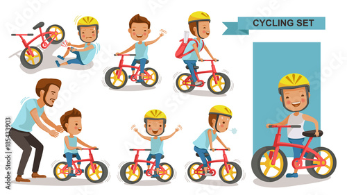 Cycling boy set. Father teaching son. child riding urban bicycle  in helmet. Bike First and Injured leg injury. male road cyclist. Playing the playground. exercise, go to school. Biker culture concept