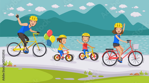 Cycling Family Happy family. Cycling along the road in natural scenery. Beautiful lake. Parents, sons and daughters. Holiday travel Concept of bicycle culture. Driver's family. Exercise , health