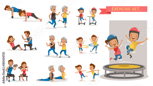 Fitness couple set. Different gesture activities. Children  adults  older. Vector illustrations isolated on white background.