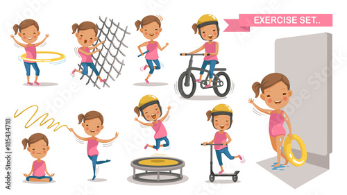 Exercise Little girl set. Sport Kids with play swimming In the swimsuit holds a rubber ring. Climbing net, Running, cycling, Hula Hoop, yoga,Trampoline, Scooter. character design. Vector Isolated 