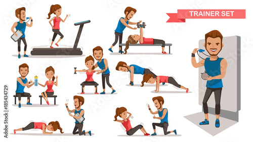 Trainer Personal  helping woman set. working with sit-up, heavy dumbbells,Timer, correct posture, and Use of fitness equipment, Cartoon character design. Vector illustrations.Isolated white background