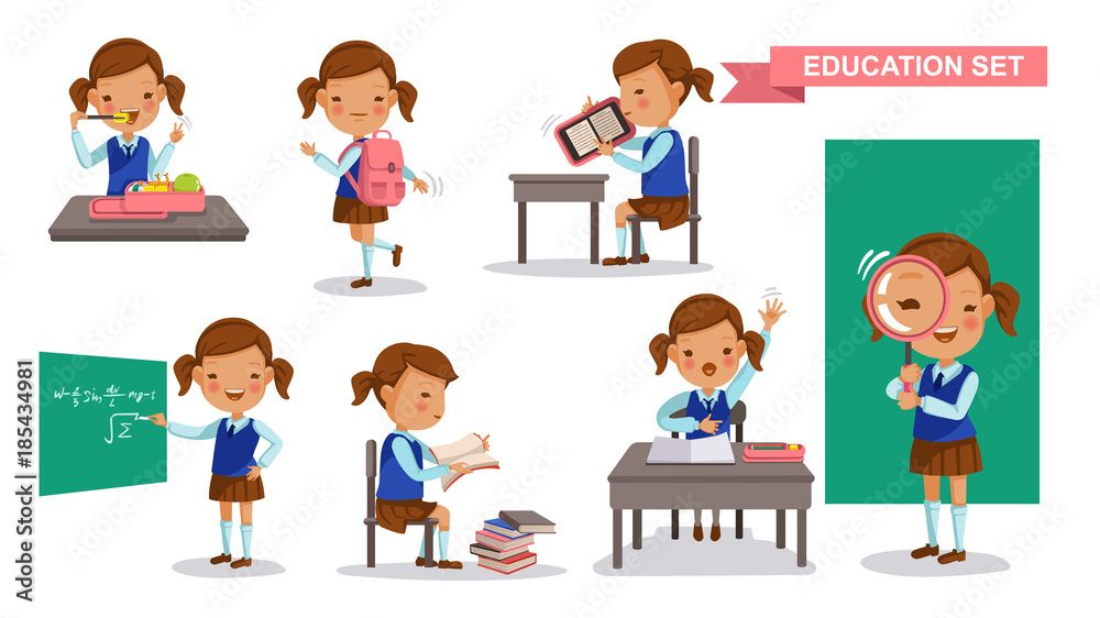Girl student set. Cute little girl in School uniform, Eat lunch box, backpack, Read e-reader, write on the blackboard, reading books, raise hands, Stand up the magnifying glass.isolated illustration Girl student set. Cute little girl in School uniform, Eat lunch box, backpack, Read e-reader, write on the blackboard, reading books, raise hands, Stand up the magnifying glass.isolated illustration