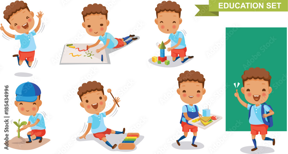Kindergarten children of Education set. Jumping, drawing, playing, planting trees, playing xylophone, holding food tray, backpacking. Student activity concept. character design.Vector illustrations