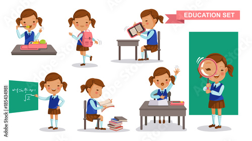 Girl student set. Cute little girl in School uniform, Eat lunch box, backpack, Read e-reader, write on the blackboard, reading books, raise hands, Stand up the magnifying glass.isolated illustration 