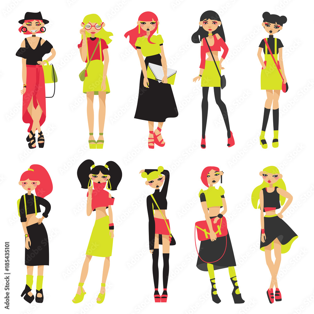 Large set with vector flat fashion girls, isolated on white. Cute characters drawn in bright colors in various poses, with crop-tops, skirts and casual hairstyle