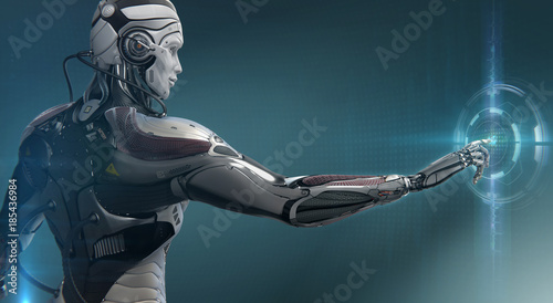 Highly detailed 3d render of robot touching virtual UI user interface, digital background