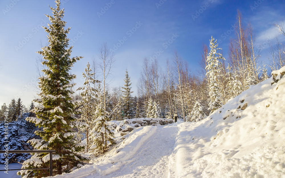 A trail in the mountain park of Ruskeala in winter