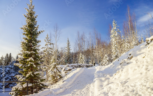 A trail in the mountain park of Ruskeala in winter