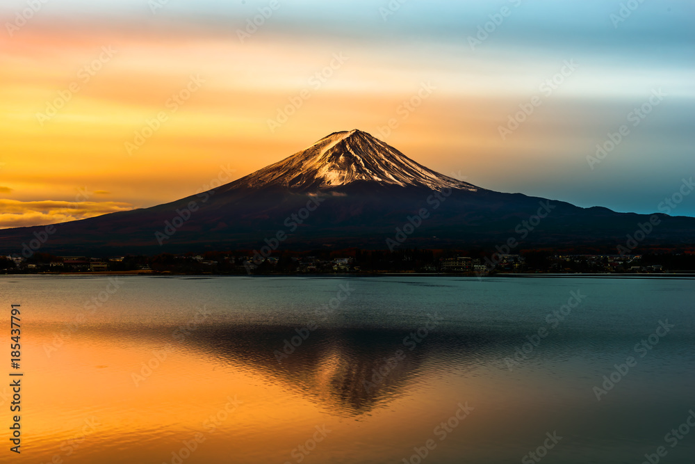 Mount Fuji and Lake Shojiko at sunrise in Japan.