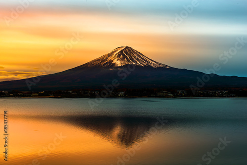 Mount Fuji and Lake Shojiko at sunrise in Japan.