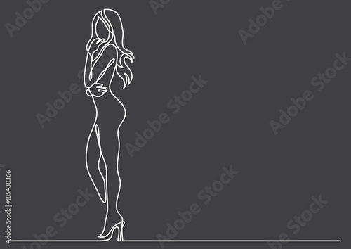 continuous line drawing of standing nude woman on high heels