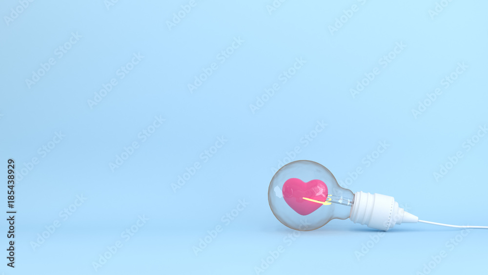 Heart with light bulb together on the blue background colorful 3D Illustration for copy space minimal object  pastel colorful concept 3D rendering background of Iove and background Valentine's Day - obrazy, fototapety, plakaty 