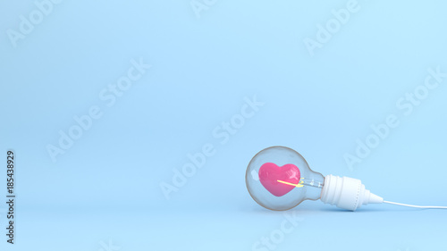 Heart with light bulb together on the blue background colorful 3D Illustration for copy space minimal object  pastel colorful concept 3D rendering background of Iove and background Valentine's Day photo