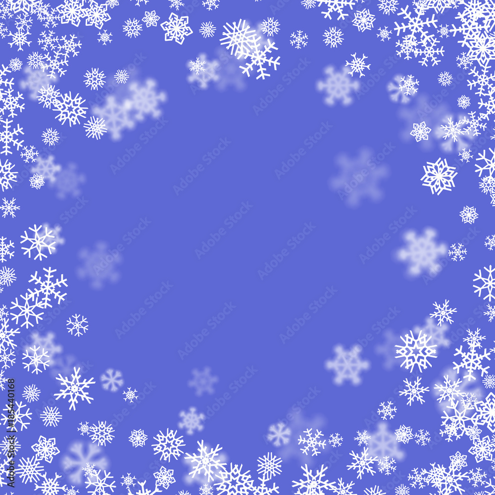 Christmas snow background with scattered snowflakes falling in winter