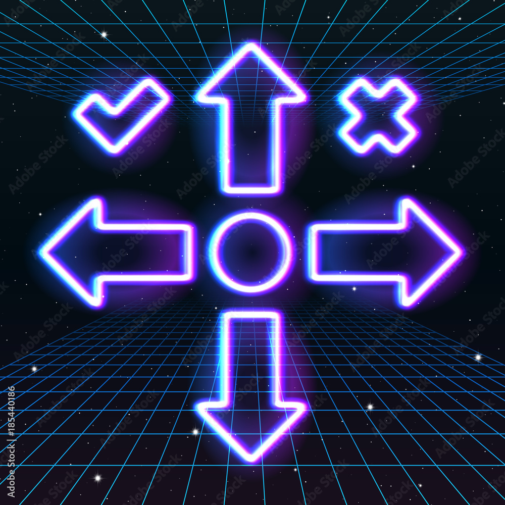 Arrow or cursor icons with retro 80s neon game style