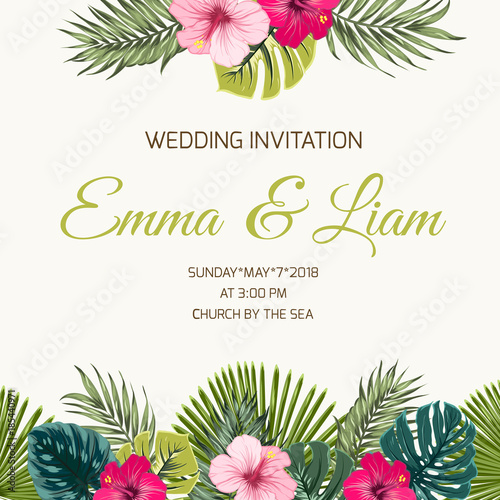Fototapeta Naklejka Na Ścianę i Meble -  Wedding invitation card design template. Exotic tropical greenery leaves and bright pink red purple hibiscus flowers. Top bottom border frame decoration. Text placeholder. Vector illustration.