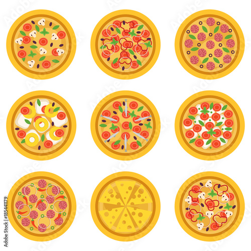 Cartoon delicious pizzas with different ingredients. Traditional Italian dish or fast food concept. Flat vector for poster, flyer, cafe, pizzeria menu