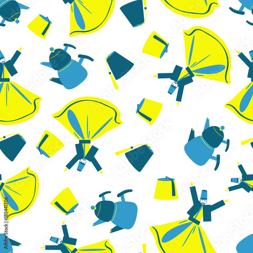 Seamless pattern turkish historical symbols dervish, feska, teapot cartoon vector illustration isolated on white background, travel decorative texture for design advertising, wallpaper, wrapping paper