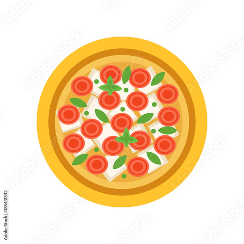 Vegetarian pizza with slices of tomatoes, mozzarella cheese and fresh basil leaves. Isolated flat vector design. Element for cafe or pizzeria menu