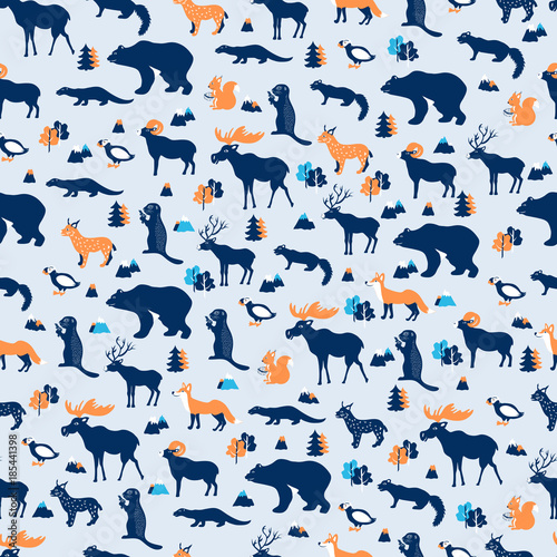 Seamless pattern, Kamchatka cartoon travel vector illustration, colorful symbol isolated on light blue backdrop, decorative texture wild animals, volcanoes, mountains for design wallpaper, textile