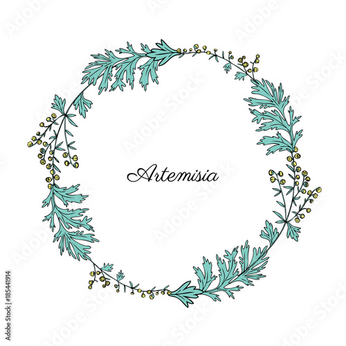 Round frame with Artemisia vulgaris, wreath common wormwood hand drawn vector illustration isolated on white, Also called absinthium, absinthe wormwood, sagebrush herb, mugwort plants for design photo