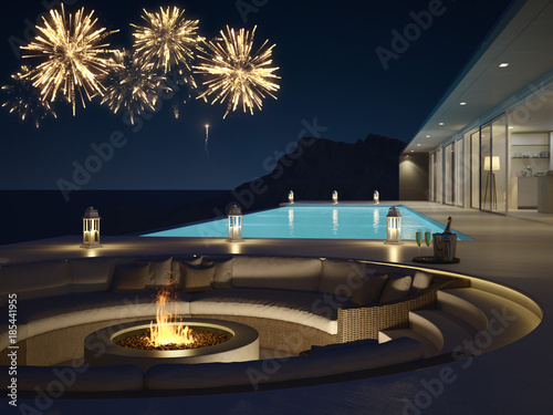 Canvas Print 3d rendering of pool villa with fireworks and champagne