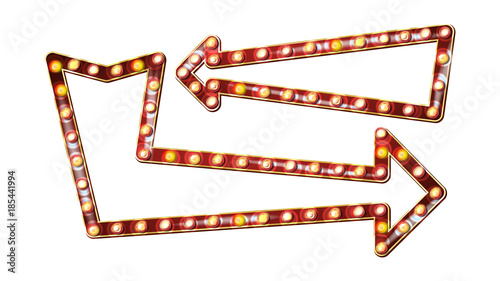 Retro Arrows Billboard Vector. Shining Arrow Light Sign Board. Realistic Shine Lamp Frame. Vintage Golden Illuminated Neon Light. Carnival, Circus, Casino Style. Isolated Illustration