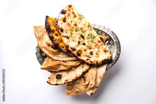 Assorted Indian Bread Basket includes chapati, tandoori roti or naan, paratha, kulcha, fulka, missi roti
