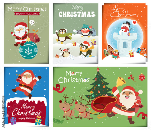 Vintage Christmas poster design with vector Santa Claus, elf, penguin characters.