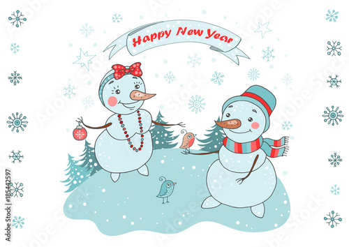 Christmas Greeting Card with cute couple snowman and birds