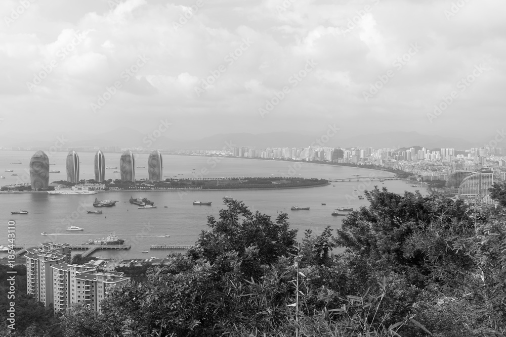 Phoenix Island in the center of Sanya City and the sea bay on the island of Hainan in China - black and white