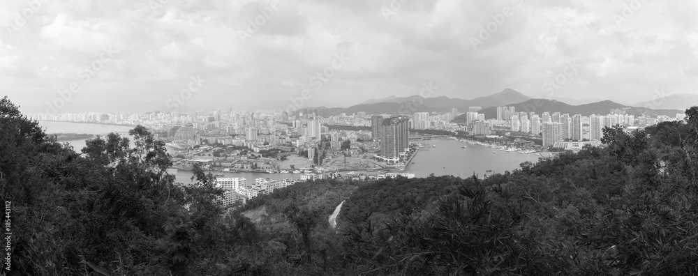 Panoramic view of Sanya City on Hainan Island, view from the park Deer Turned Head or Lu Hui Tou Gong Yuan - black and white