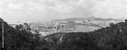 Panoramic view of Sanya City on Hainan Island, view from the park Deer Turned Head or Lu Hui Tou Gong Yuan - black and white © neonnspb