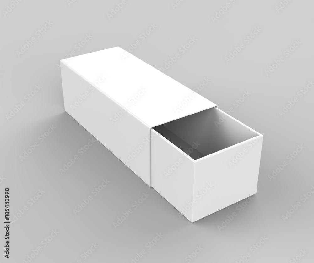 Naklejka premium Realistic Package Cardboard Sliding drawer Box grey background. For small items, matches, and other things. 3d render illustration