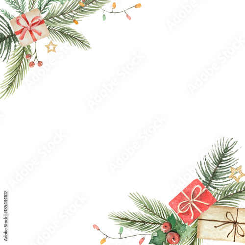 Watercolor vector Christmas decorative card with fir branches and flower poinsettias.