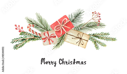 Watercolor vector Christmas wreath with fir branches, gifts and place for text.