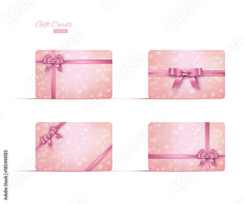 Pink gift card or gift voucher template set. Vector pink ribbons and bows on pink bokeh background.