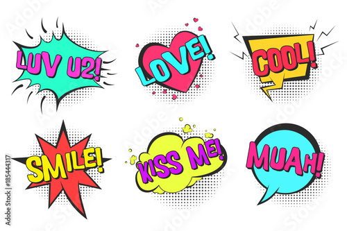 Bright lovely retro comic speech bubbles set with colorful Cool, Kiss me, Love, Muah, Smile words. Color balloons with black halftone shadow in pop art style for St. Valentines greeting cards design