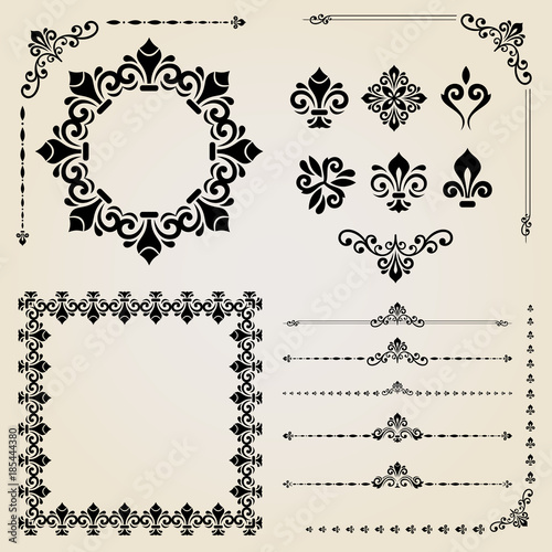 Vintage set of vector horizontal  square and round elements. Different elements for decoration design  frames  cards  menus  backgrounds and monograms. Classic patterns. Set of vintage patterns