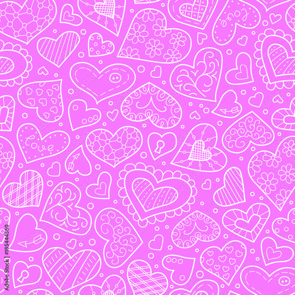 Different hearts in doodle and cartoon style. Seamless pattern. Pink. Vector Different hearts in doodle and cartoon style. Seamless pattern. Pink. Vector