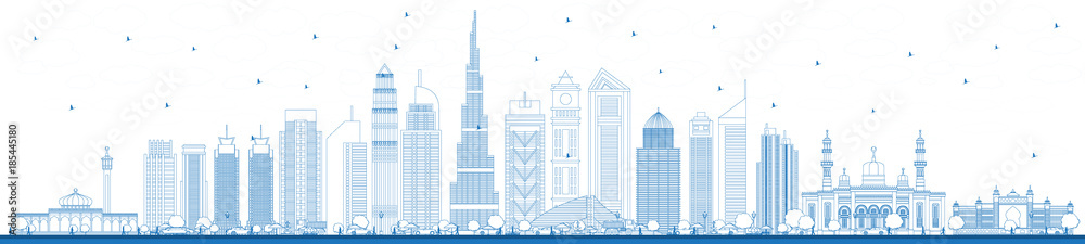 Naklejka premium Zarys panoramę Dubaju ZEA z niebieskimi budynkami.