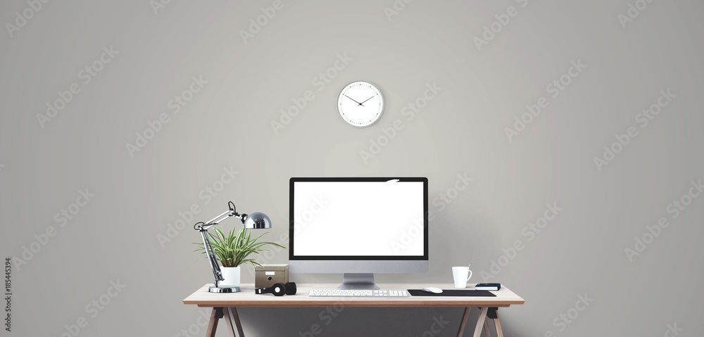 Computer display and office tools on desk. Desktop computer screen isolated.. Computer display and office tools on desk. Desktop computer screen isolated..